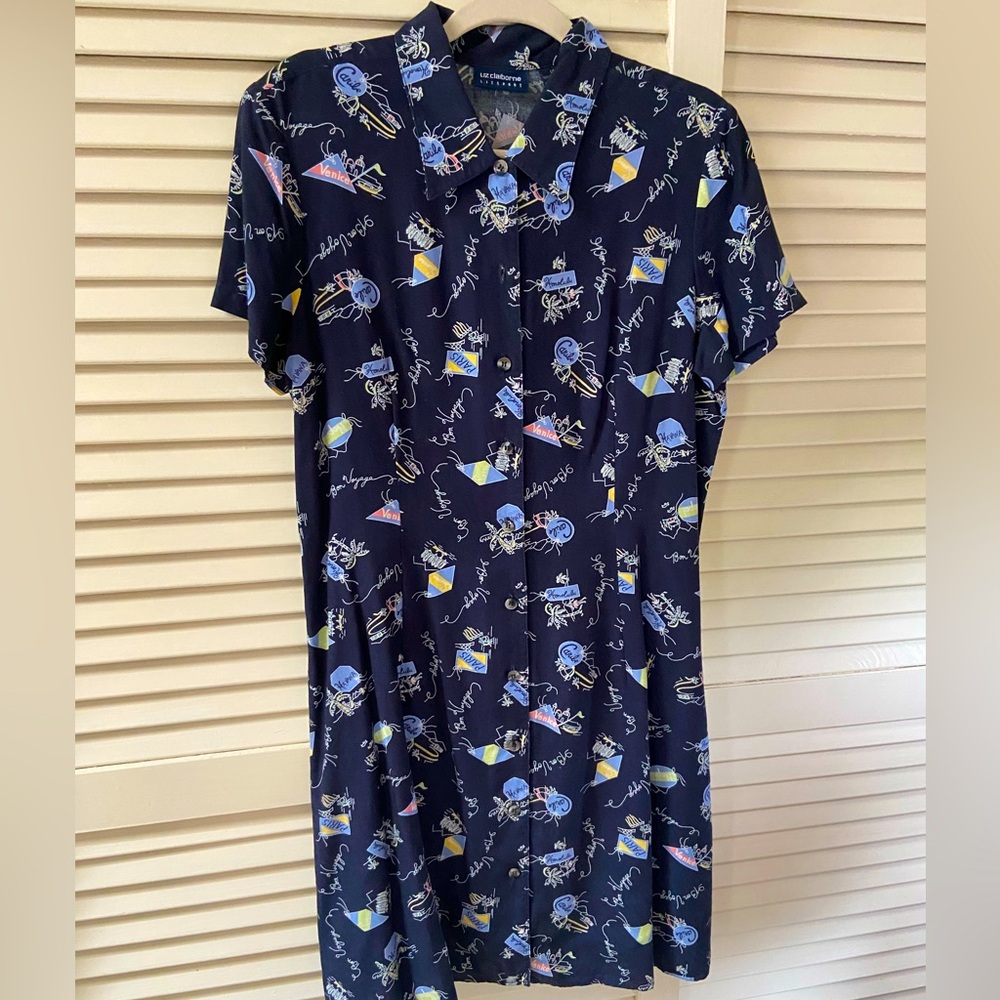 Vintage Liz Claiborne short sleeve shirt dress with travel motif